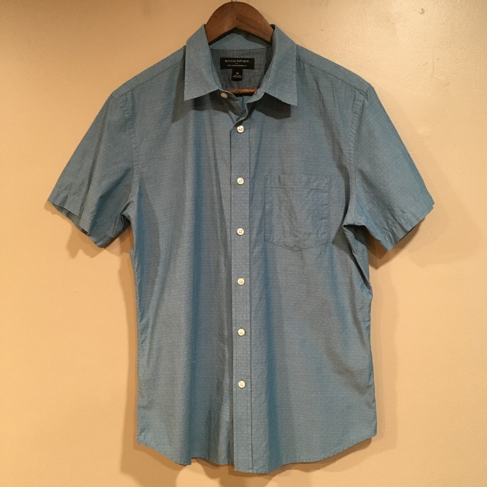 Banana Republic Soft Wash Standard Fit Short Sleeve Button Up‎ Shirt Men M Blue